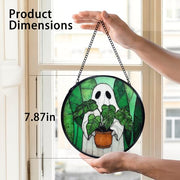TNUW Halloween Ghost Plant Stained Glass Window Hanging, Ghost Halloween Sun Catchers Indoor Window Glass Round Wall Art Decor, Gifts for Plant Lovers Wall Hanging Decorations, 7.9＂x7.9＂