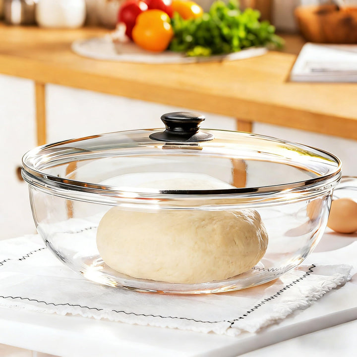 6 QT Large Glass Mixing Bowl with Lid for Sourdough Bread Making & Proofing | Thick Glass Salad Bowl Extra Large Glass Bowl for Baking Food Prep Dishwasher Microwave Freezer Safe Clear Dough Rising