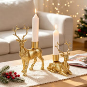 FORUP Reindeer Christmas Candle Holders, Set of 2 Deer Deer Taper Candle Holders with Floral Wreath, Rustic Pedestal Centerpieces for Christmas Fireplace Mantle Dining Table, Holiday Farmhouse Décor