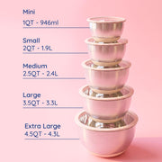 Non-Toxic Stainless Steel Mixing Bowls, Glass Lids, Plastic Free, 5-Pcs | LFGB platinum silicone seal. Keeps food fresh longer. Airtight. Non-slip silicone base. Dishwasher safe. Measurement marks.