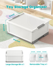 MLIKLU 17 QT Storage Box with Building Baseplate Lid and Removable Tray | Craft Organizers and Storage, Storage Bins for Bricks, Art Supplies, Double Layer, Large Capacity(White)