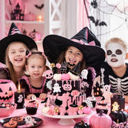 30Pcs Happy Halloween Cake Toppers & Cupcake Toppers for Birthday Party | Pink Halloween Cake Decorations Set with Mini Pumpkins, Witch Hat, Cauldron, Ghost, Flowers and Trees