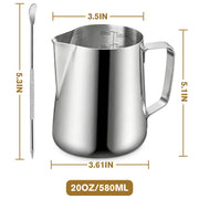 Milk Frothing Pitcher, 600ml (20oz) Milk Frother Cup Stainless Steel Jug Steaming Pitcher, Milk Coffee Cappuccino Latte Art Barista Steam Pitchers Milk Jug Cup with Decorating Pen