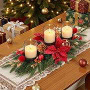 Alupssuc 28" Red Gold Christmas Centerpiece with 3 Candle Trays,1 Pcs | Candle Holders Trays,Dining Table Decoration with Baubles, Pine Cones, Red Berries, Spruce Branches, Flower for Christmas