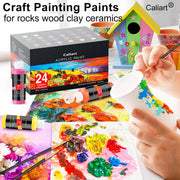 Caliart Acrylic Paint Set of 24 Colors with 12 Brushes | Craft Painting Kit for Artists Adults Beginners, Halloween Pumpkin Canvas Wood Rock Ceramic Fabric Art Supplies