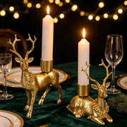 FORUP Reindeer Christmas Candle Holders, Set of 2 Deer Deer Taper Candle Holders with Floral Wreath, Rustic Pedestal Centerpieces for Christmas Fireplace Mantle Dining Table, Holiday Farmhouse Décor