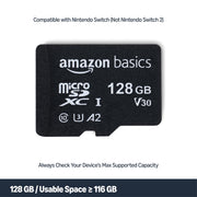Amazon Basics microSDXC Memory Card with Full Size Adapter, A2, U3, Read Speed up to 100 MB/s, 128GB, Black