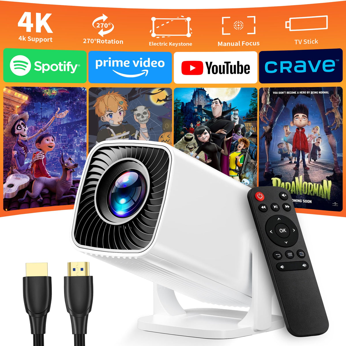 Mini Projector 4K Support, Portable Projector Full HD 1080P Support | Short Throw, 270° Rotation, Outdoor&Indoor, Ceiling Projection, Smartphone, TV Stick, Laptop, HDMI, USB, PS5 Compatible