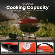 GasOne 14-inch Portable Charcoal Barbecue Grill with Thermometer – Red | 3-Point Locking Lid for Heat Preservation – Dual Venting System – Small Charcoal Grill for Backyard, Camping, Boat