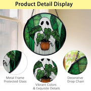 TNUW Halloween Ghost Plant Stained Glass Window Hanging, Ghost Halloween Sun Catchers Indoor Window Glass Round Wall Art Decor, Gifts for Plant Lovers Wall Hanging Decorations, 7.9＂x7.9＂