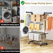 Upgraded 4-Tier Clothes Drying Rack, Drying Rack Clothing with Wheels | Large Foldable Laundry Drying Rack, Clothes Rack with Side Hooks for Indoor Outdoor Air Drying, 19.68"D x 29.9"W x 67.7"H