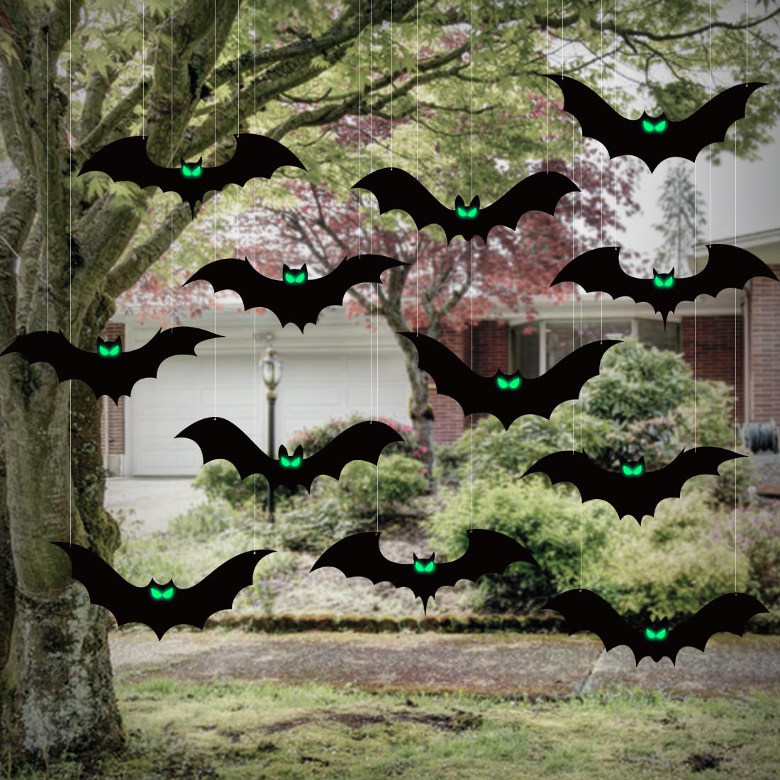 12Pcs Large Halloween Hanging Bats Decorations Outdoor, Flying Bats with Glowing Eyes for Halloween Tree Hanging Decorations Outside