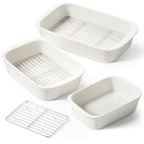 LE TAUCI Ceramic Casserole Dishes for Oven with 304 Racks, Set of 3, White | Rectangular Baking Dishes, 304 Stainless Racks, Oven Safe to 500°F (4.6/3.0/1.6 Qt, 15.7"/13.1"/10.3")