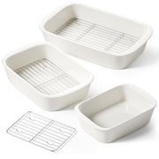 LE TAUCI Ceramic Casserole Dishes for Oven with 304 Racks, Set of 3, White | Rectangular Baking Dishes, 304 Stainless Racks, Oven Safe to 500°F (4.6/3.0/1.6 Qt, 15.7"/13.1"/10.3")