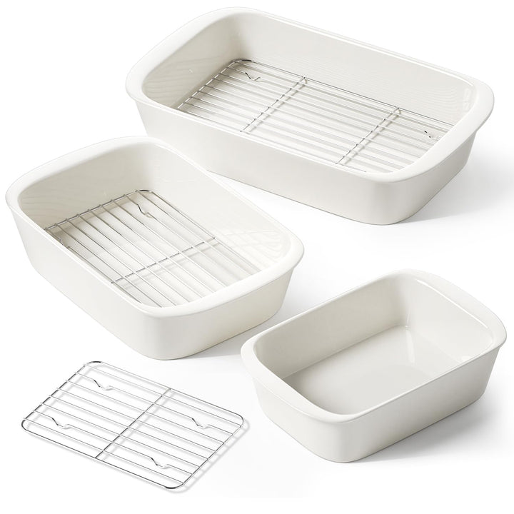 LE TAUCI Ceramic Casserole Dishes for Oven with 304 Racks, Set of 3, White | Rectangular Baking Dishes, 304 Stainless Racks, Oven Safe to 500°F (4.6/3.0/1.6 Qt, 15.7"/13.1"/10.3")