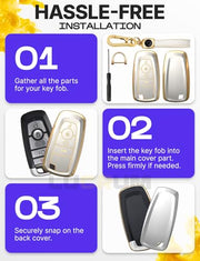 Lucrum Compatible with Ford Key Fob Cover & Keychain | Fits Bronco, Explorer, Edge, Escape, Expedition, Fusion, Mustang, 4 Buttons Keyfob Case (2017-2026) - White and Gold