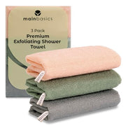 MainBasics Japanese Deep Exfoliating Shower Towel, 3 Pack, Earthy Love | Japanese Nylon, Body Washcloth, Textured for Effective Exfoliation, Quick-Dry, Durable, Helps Reveal Smoother Skin