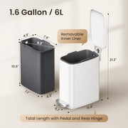 Cesun Slim Bathroom Trash Can with Lid, Soft Close, White, 6L/1.6 Gallon | Hidden Trash Bag Design, Small, Stainless Steel, Removable Inner Bucket, Foot Pedal, Odor Control, for RV/Office/Bedroom