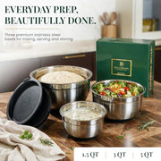 Bellemain Stainless Steel Mixing Bowls with Airtight Lids Set - Set of 3 | Non-slip Silicon Base, Kitchen Essentials for Baking & Serving (Mix, Serve, and Store), Rust-resistant, Dishwasher Safe