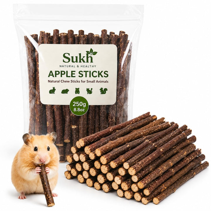 Sukh Natural Organic Apple Sticks - 250g Chew Sticks for Small Animals | Chew Toys for Hamsters, Rabbits, Guinea Pigs, Gerbils, Chinchillas & Squirrels, Teeth Grinding Supplies, Cage Accessories