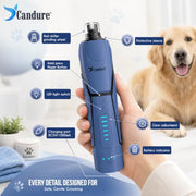 Candure Whisper Quiet Dog Nail Grinder with 360 Degree LED Light, 6-Speed Rechargeable Pet Nail Trimmers with Extra Grinding Head for Safe, Stress-Free Grooming for All Pet Sizes (Dark Blue)