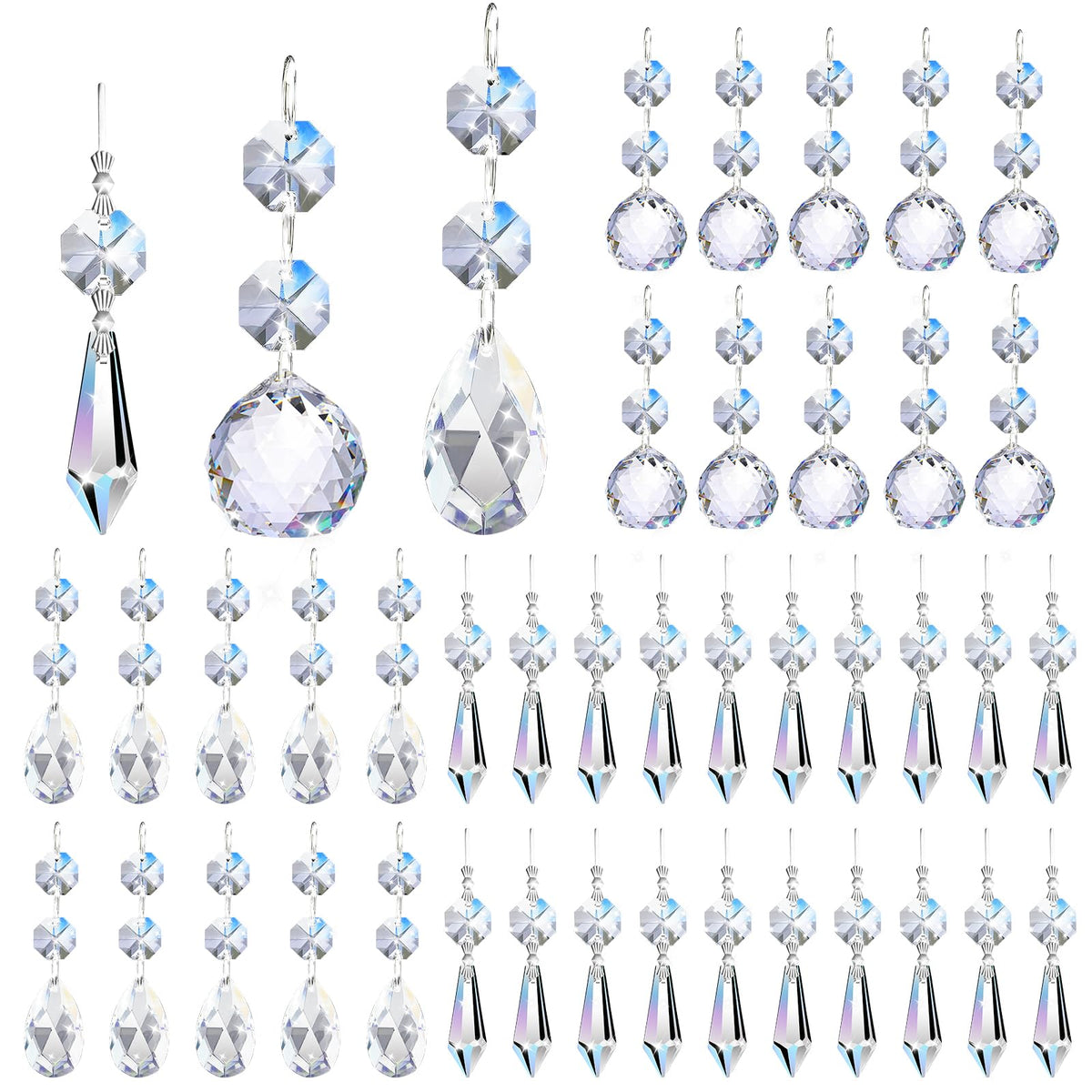 44 Pack Chandelier Crystal Replacement, Clear Crystal Prism for Chandeliers | K9 Glass Sparkling, 38mm 20mm Bead Prism, Rainbow Reflection, Easy Hang Hook, Crystals for Chandeliers Wedding Christmas Tree