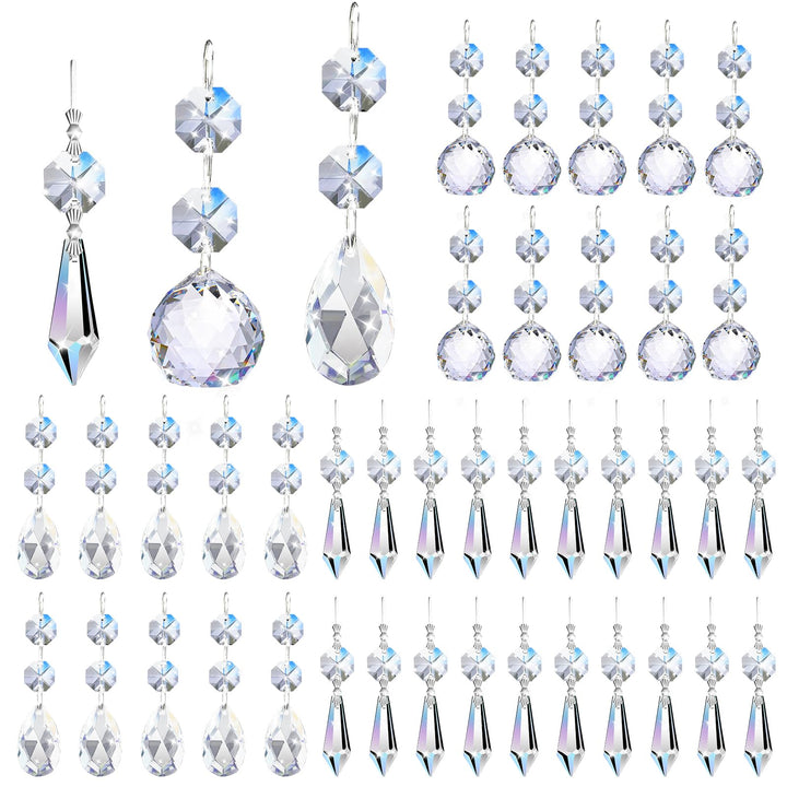 44 Pack Chandelier Crystal Replacement, Clear Crystal Prism for Chandeliers | K9 Glass Sparkling, 38mm 20mm Bead Prism, Rainbow Reflection, Easy Hang Hook, Crystals for Chandeliers Wedding Christmas Tree