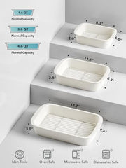 LE TAUCI Ceramic Casserole Dishes for Oven with 304 Racks, Set of 3, White | Rectangular Baking Dishes, 304 Stainless Racks, Oven Safe to 500°F (4.6/3.0/1.6 Qt, 15.7"/13.1"/10.3")