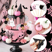 30Pcs Happy Halloween Cake Toppers & Cupcake Toppers for Birthday Party | Pink Halloween Cake Decorations Set with Mini Pumpkins, Witch Hat, Cauldron, Ghost, Flowers and Trees