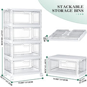 Kmiectse Clear Storage Bins with Lids - 4 Tier 23qt Plastic Stackable Bins | Closet Organizers Box for Bedroom, Living Room, 23 QT Folding Box with Magnetic door