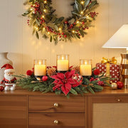 Alupssuc 28" Red Gold Christmas Centerpiece with 3 Candle Trays,1 Pcs | Candle Holders Trays,Dining Table Decoration with Baubles, Pine Cones, Red Berries, Spruce Branches, Flower for Christmas
