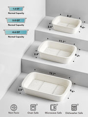 LE TAUCI Ceramic Casserole Dishes for Oven with 304 Racks, Set of 3, White | Rectangular Baking Dishes, 304 Stainless Racks, Oven Safe to 500°F (4.6/3.0/1.6 Qt, 15.7"/13.1"/10.3")