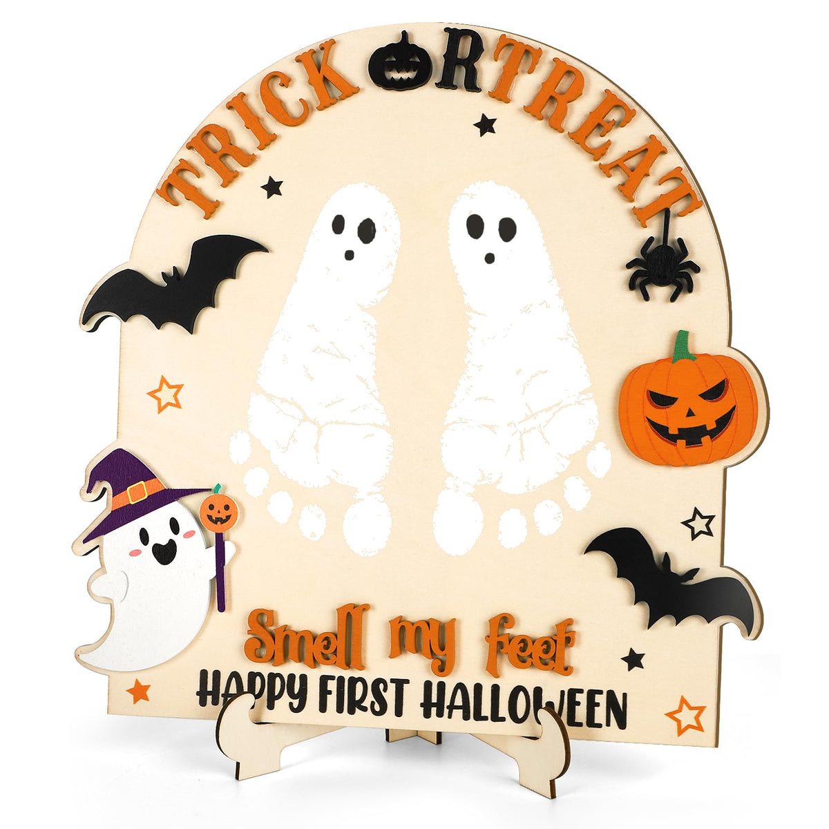 My First Halloween Sign Baby's First Halloween Wooden DIY Footprint Keepsake Kit Nursery Decor Baby Milestone Card Funny Trick or Treat Smell My Feet Photoshoot Prop Gifts for Baby Showers