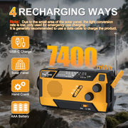 Hand Crank Emergency Radio 7400mWh (2000mAh) Solar Hand Crank Radio | Built in 3 Charging Cables AM/FM/NOAA Weather Radio Battery Operated Hand Crank Charger for Emergency Supplies Survival Gear