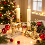FORUP Reindeer Christmas Candle Holders, Set of 2 Deer Deer Taper Candle Holders with Floral Wreath, Rustic Pedestal Centerpieces for Christmas Fireplace Mantle Dining Table, Holiday Farmhouse Décor