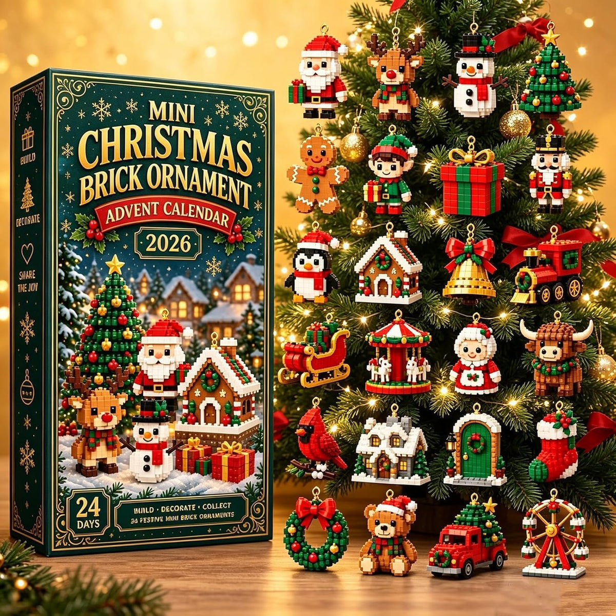 Christmas Advent Calendar, 24-Day Mini Building Block Ornaments Blind Box | 1 Set, 24 Random Designs to Build, Hanging Loops Included, Tree & Garland Decorations, Christmas Countdown Gift