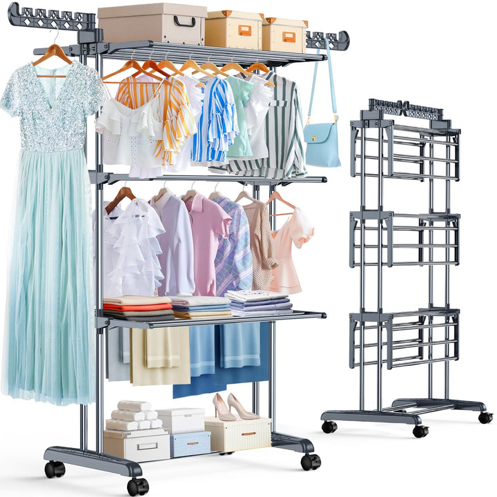 Upgraded 4-Tier Clothes Drying Rack, Drying Rack Clothing with Wheels | Large Foldable Laundry Drying Rack, Clothes Rack with Side Hooks for Indoor Outdoor Air Drying, 19.68"D x 29.9"W x 67.7"H