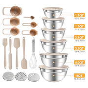 Mixing Bowls with Airtight Lids Set, Non-Slip Silicone Bottoms, Khaki | Stainless Steel 6 Bowls(4.5QT,4QT,3.5QT,2.1QT,1.5QT,1.1QT), 3 Grater Attachments for Baking Serving