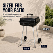 17.5-Inch Charcoal Kettle Grill with Wheels, 302 Sq In Grate | Porcelain-coated steel bowl, lid and grid with adjustable air dampers, rear wheels and bottom shelf for patio or tailgating.