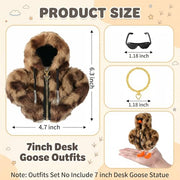 7inch Desk Goose Outfits, Mini Desktop Goose Clothes with Sunglasses & Necklaces, Brown Leopard Plush Hoodie Set Accessories for Magnetic Goose Statue (Brown Leopard)