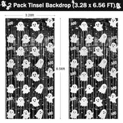 2 Pack Halloween Fringe Curtains, Ghost Foil Tinsel Backdrop | Metallic Foil, 3.28 x 6.56 FT Halloween Tinsel Backdrop Photo Booth Props Streamer for Halloween Decorations