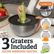 Priority Chef Stainless Steel Mixing Bowls with Lids Set, 3 Grater Attachments, Airtight Lids, Non-Slip Silicone Base Mixing Bowl Set, Large Prep Metal Mixing Bowls for Kitchen, Black
