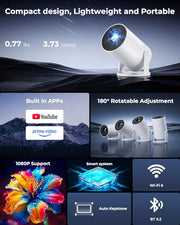 Mini Projector, Portable Projector with Wifi and Bluetooth, Built in Apps | Support 4K 1080P, 180° Rotation, Auto Keystone, Movie Projector Compatible With HDMI/USB/TV Stick/Smartphone/Laptop