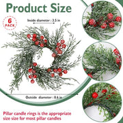 Serlvan 6 Pcs Christmas Candle Rings Wreath Artificial Candle Rings with Red Berry, Snowy Pine Garland Candle Ring Holder for Christmas Decorations Table Centerpiece