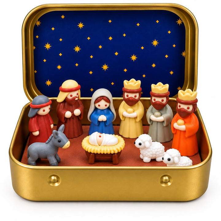 Mini Nativity in a Tin Box, Mini Nativity Set, Pocket Nativity Scene，1pcs | Pocket Nativity Scene in a Tin Box, Nativity Set for Christmas Tabletop, Shelf, Mantel, Home Decor and Holiday Gift