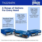 Brother Genuine TN2294PK Standard Yield 4-Pack Printer Toner Cartridges - Black, Cyan, Magenta, Yellow Toner Multipack