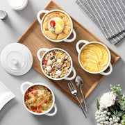 MALACASA Mini Cocotte Set of 4, 14 OZ Ceramic Casserole Dishes with Lids | Single Serving Small Dutch Oven Set, Lasagna, Soufflé, French Onion Soup, Pudding, Oven, Dishwasher Safe with Handles, White
