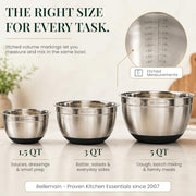 Bellemain Stainless Steel Mixing Bowls with Airtight Lids Set - Set of 3 | Non-slip Silicon Base, Kitchen Essentials for Baking & Serving (Mix, Serve, and Store), Rust-resistant, Dishwasher Safe