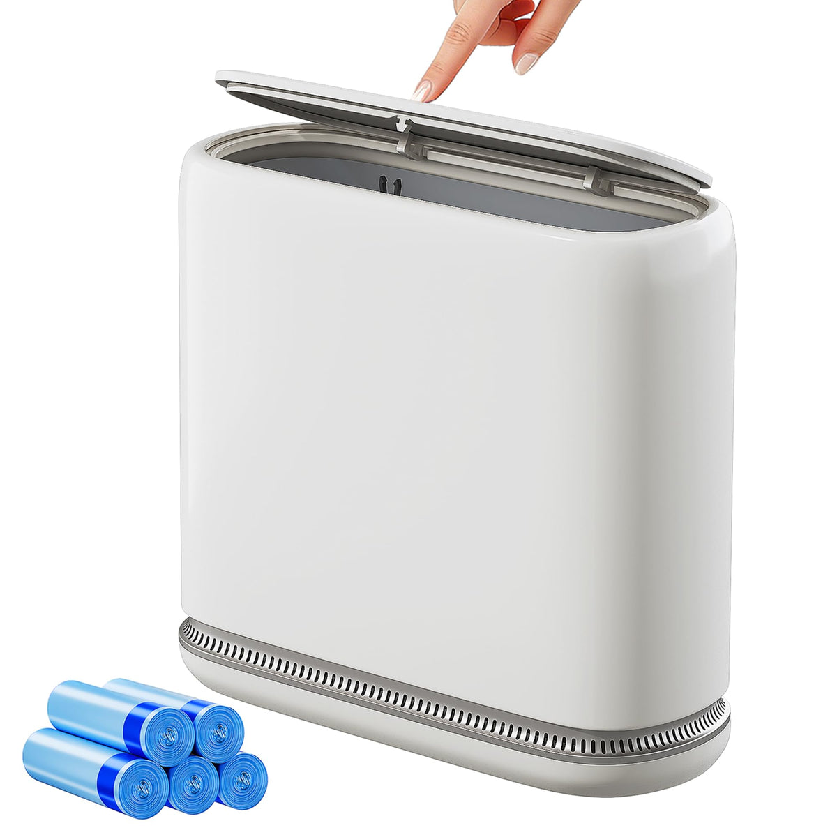 Purexa Small Bathroom Trash Can with Lid, 2.3 Gallon Slim Trash Can, Narrow Garbage Can with Hidden Liner & Auto-Smooth Bag Fit, Press-to-Open Lid, White, for Bathroom, Bedroom, Office, Kitchen