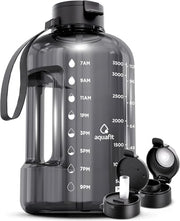 AQUAFIT 1 Gallon Water Bottle with Time Marker | BPA Free 128 oz Water Bottle with Straw and Chug Lids - Leakproof Gym Water Bottle with Carry Handle (Gray)